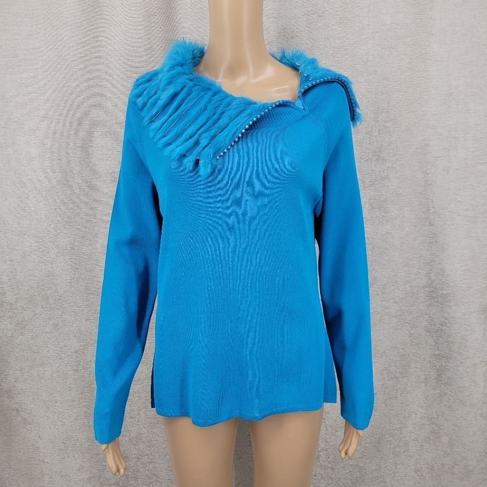 Lisa International Vintage Bright Blue Cowl Neck Sweater with Rabbit Fur Trim